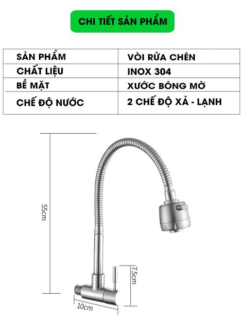 Vòi nước rửa chén bát Inox 304 Cắm Tường Cần mềm - Bát sen 1 Đường Nước (bảo hành 12 tháng)