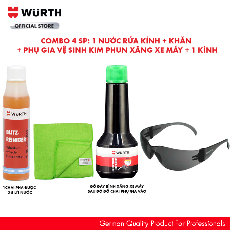 Combo Wurth 1 Nước Rửa Kính Tiện Dụng 1 Khăn 1 Phụ Gia Vệ Sinh Kim Phun Xe Máy Và 1 Kính Bảo Hộ Đen Siêu Tiết Kiệm