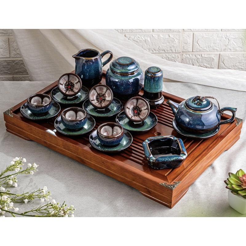 Bộ ấm chén lòng hoa + Phụ kiện, men hỏa biến. Hàng nghệ nhân gốm sứ Bát Tràng.