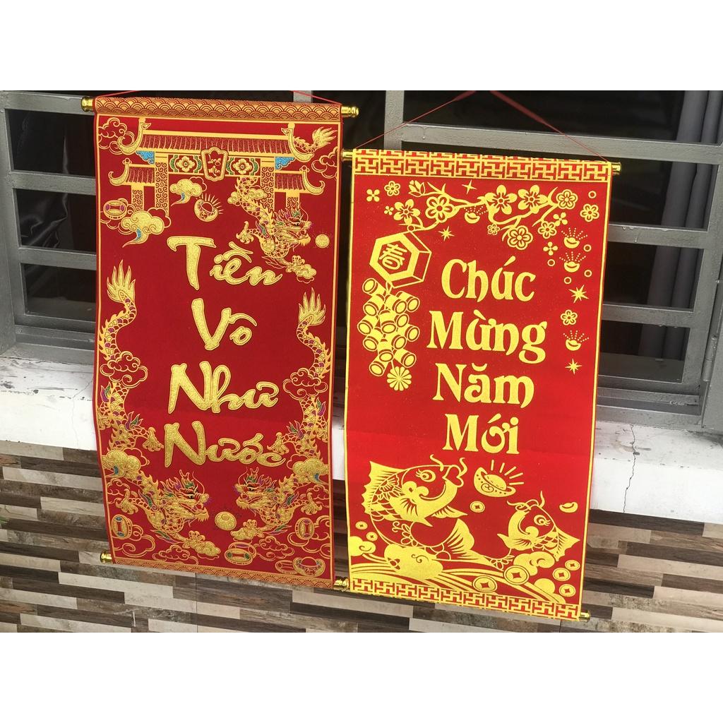 Liễn trang trí tết in chữ Việt Nam làm từ vải nhung