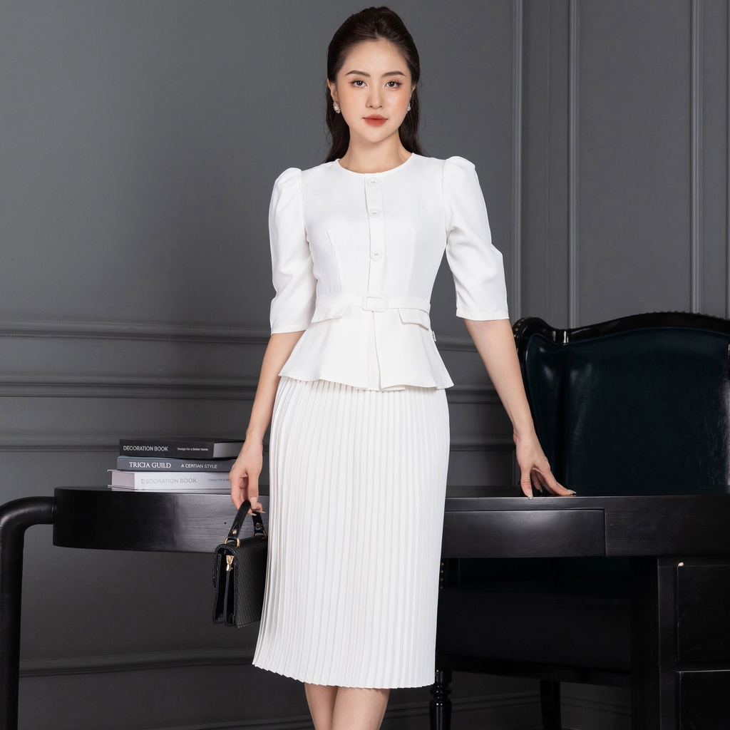 Set Công Sở UK Fashion Áo Peplum Tay Lỡ Kèm Chân Váy Dập Ly Thanh Lịch, Chất Vải Nhập Hàn Cao Cấp Mềm Mát NKBD2206003