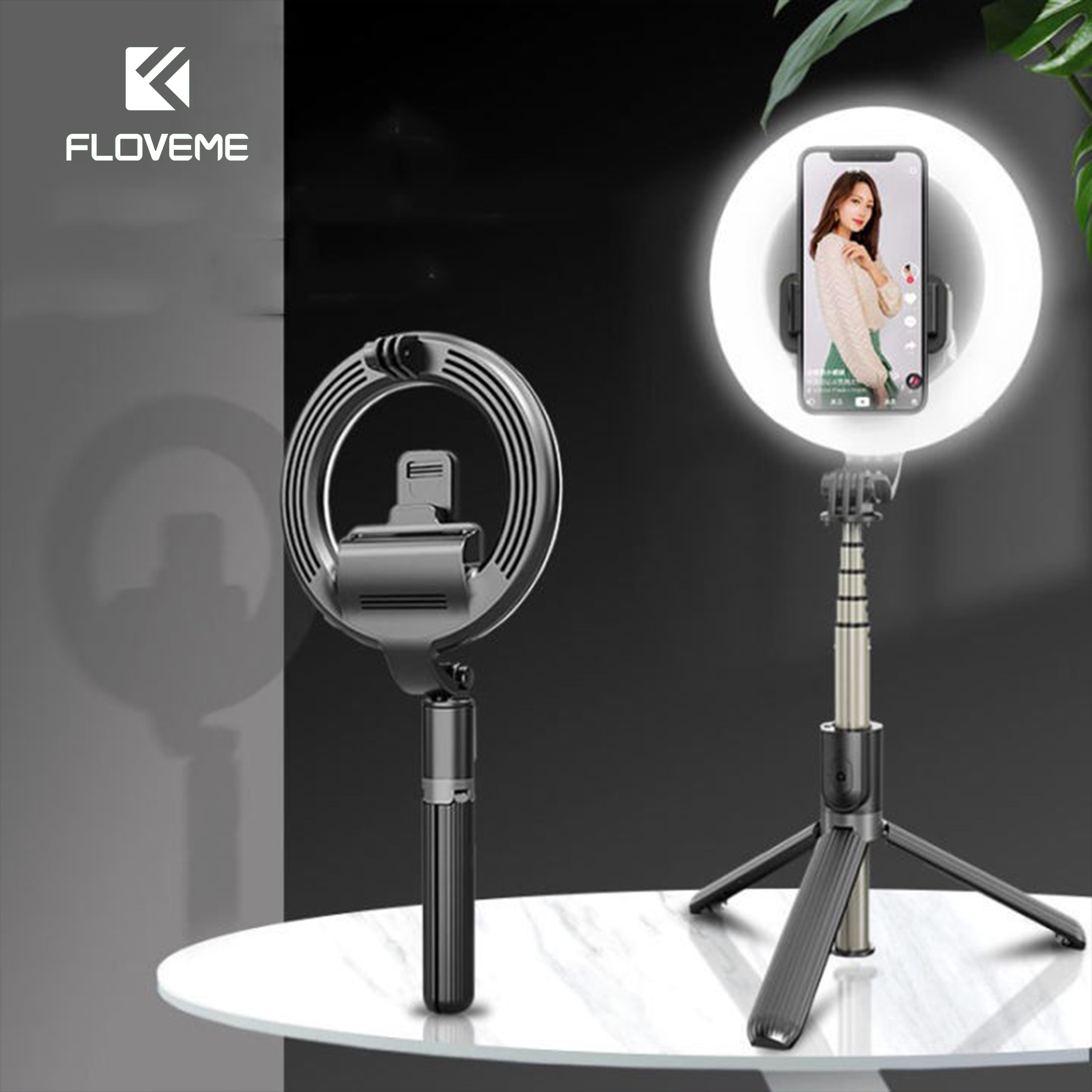 Gậy selfie FLOVEME L07 kiêm giá đỡ hỗ trợ Live stream tích hợp vòng đèn Led rực rỡ - Bộ điều khiển bluetooth từ xa siêu tiện lợi - Hàng chính hãng