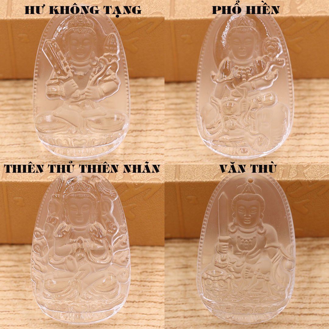 Mặt dây chuyền Phật Hư không tạng pha lê trắng 3.6 cm kèm vòng cổ dây dù đen + móc inox vàng, Phật bản mệnh, mặt dây chuyền phong thủy