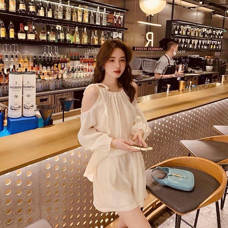 Set áo dài tay đũi hở vai thắt nơ phối quần short cạp chun be xanh mint đi biển đi chơi siêu xinh