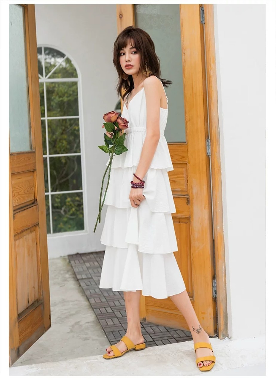 Đầm xòe midi 2 dây 4 tầng màu trắng tiểu thư vintage