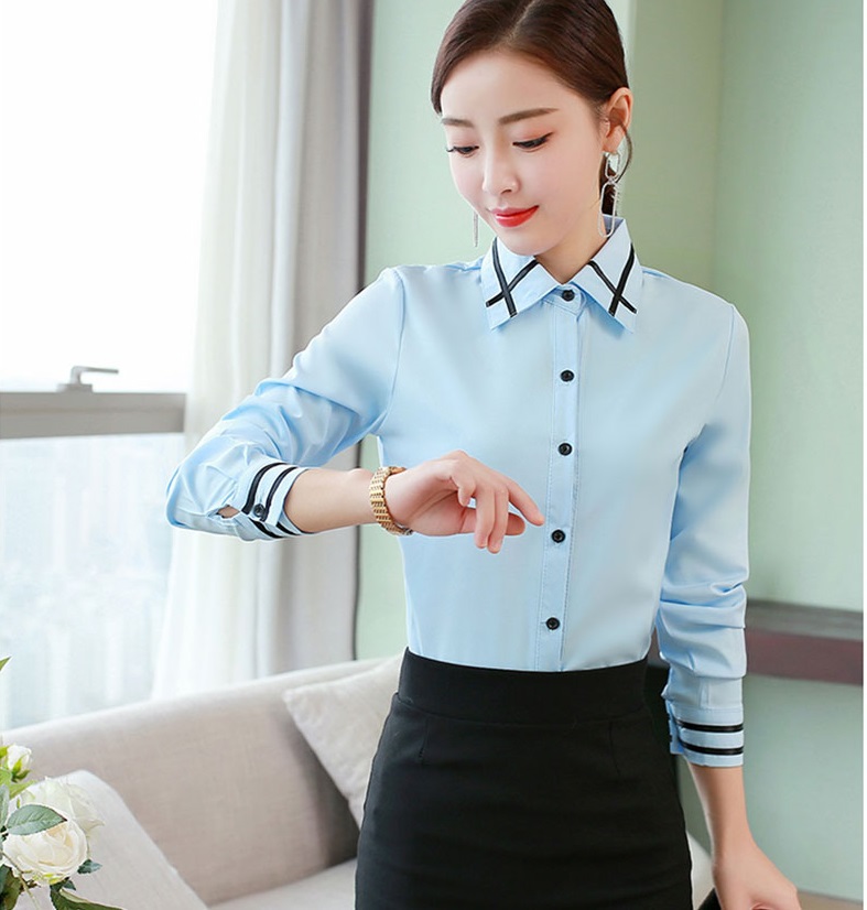Áo sơ mi nữ trơn cổ và tay phối kẻ sọc đen sm147