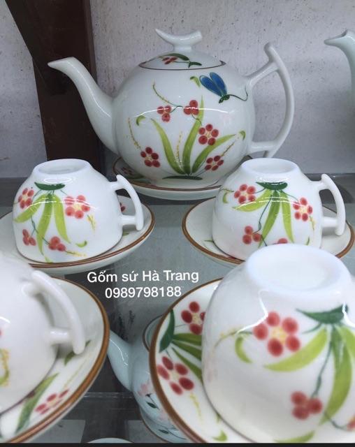 Ấm chén Bát Tràng Men kem hoạ tiết chuồn hoa