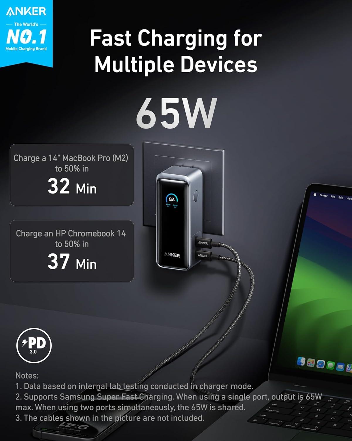 Sạc dự phòng Anker Prime Fusion 2C 65W 9600mah (Built-In USB-C Cable) Đen (Black) A1339 - Hàng Chính Hãng