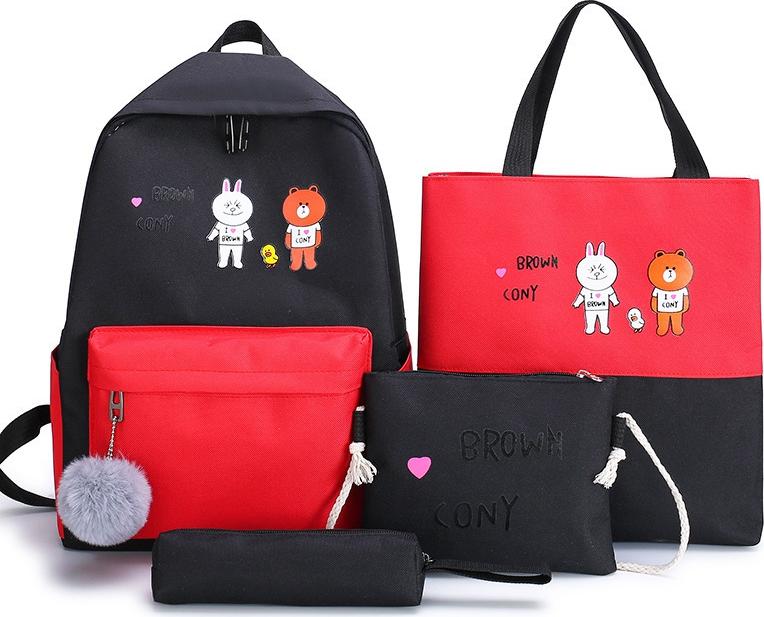Set 4 Món Balo, Túi, Ví Thời Trang Thiết Kế Tiện Dụng Browm Cony Hai Chú Gấu Xinh Xinh 30*14*40 cm Full 4 Màu