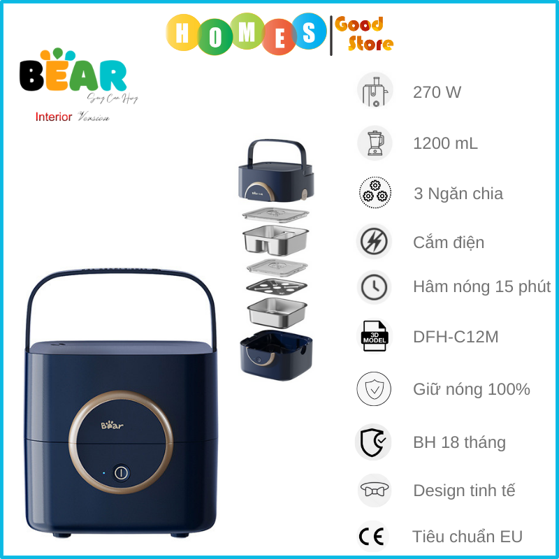 Hộp Cơm Giữ Nhiệt, Tự Hâm Nóng Và Nấu Chín Đa Năng 3 Ngăn BEAR DFH-C12M1 Dung Tích 1.2L Công Suất 270W - Hàng Chính Hãng