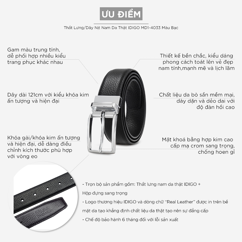 Thắt Lưng Nam Da Thật IDIGO MD1-4033 Màu Đen Mặt Bạc