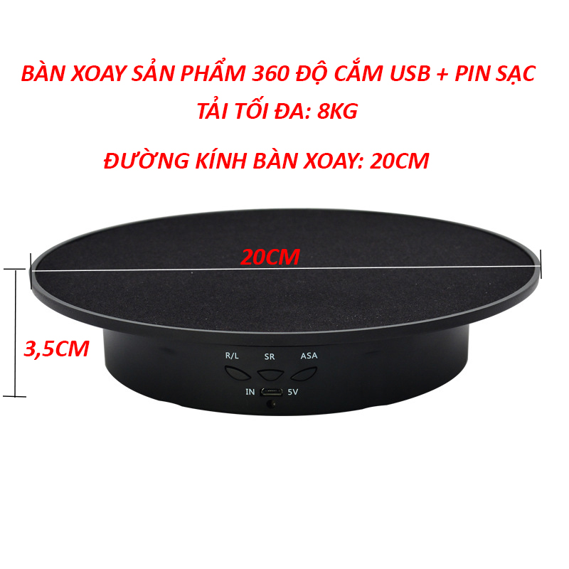 Bàn Xoay Sản Phẩm 360 Độ Cắm Nguồn USB + Pin Sạc Đường Kính 20cm, Tải 8KG, Đế Xoay Trưng Bày Sản Phẩm Đa Tốc Độ, Đa Góc