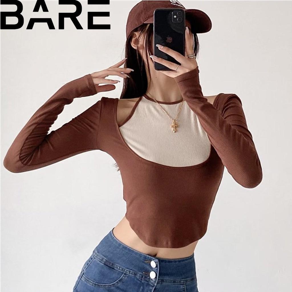 Áo thun croptop nữ tay dài khoét hở vai phối màu cá tính chất thun gân tăm dày dặn- AO063