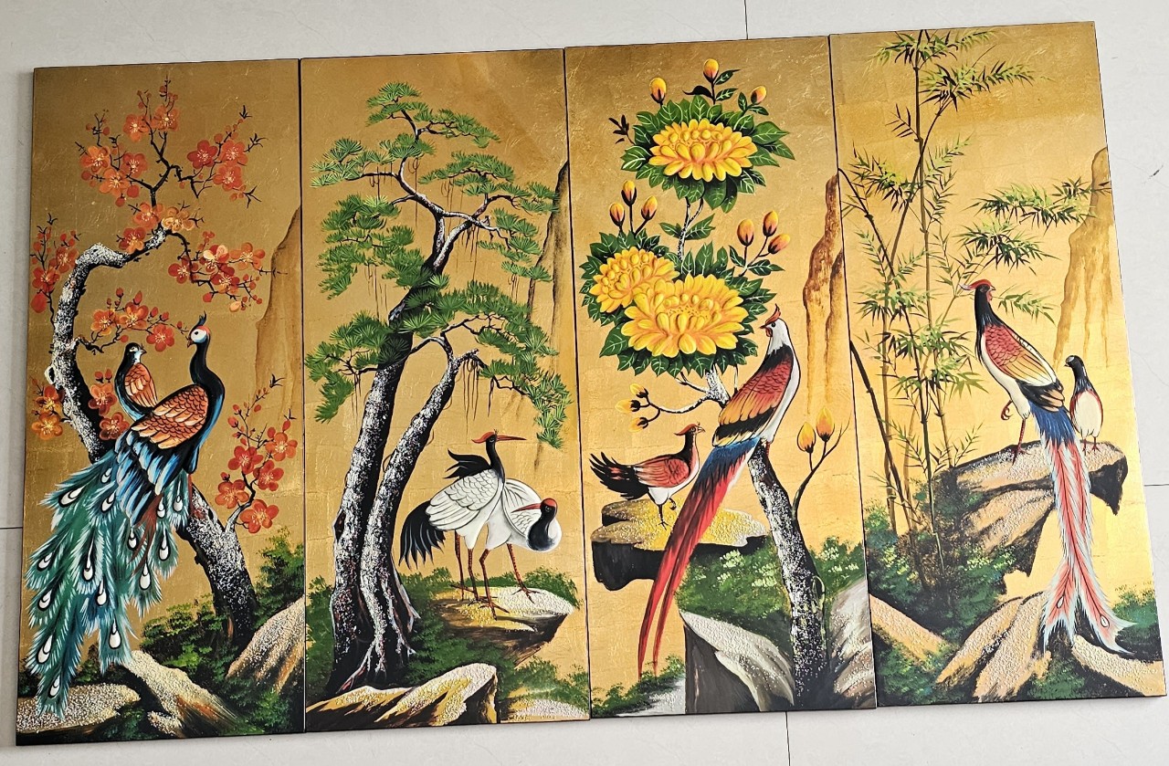 Tranh sơn mài bộ 4 tấm Mai Tùng Cúc Trúc vẽ kết hợp đắp nổi cao cấp 70x110 cm