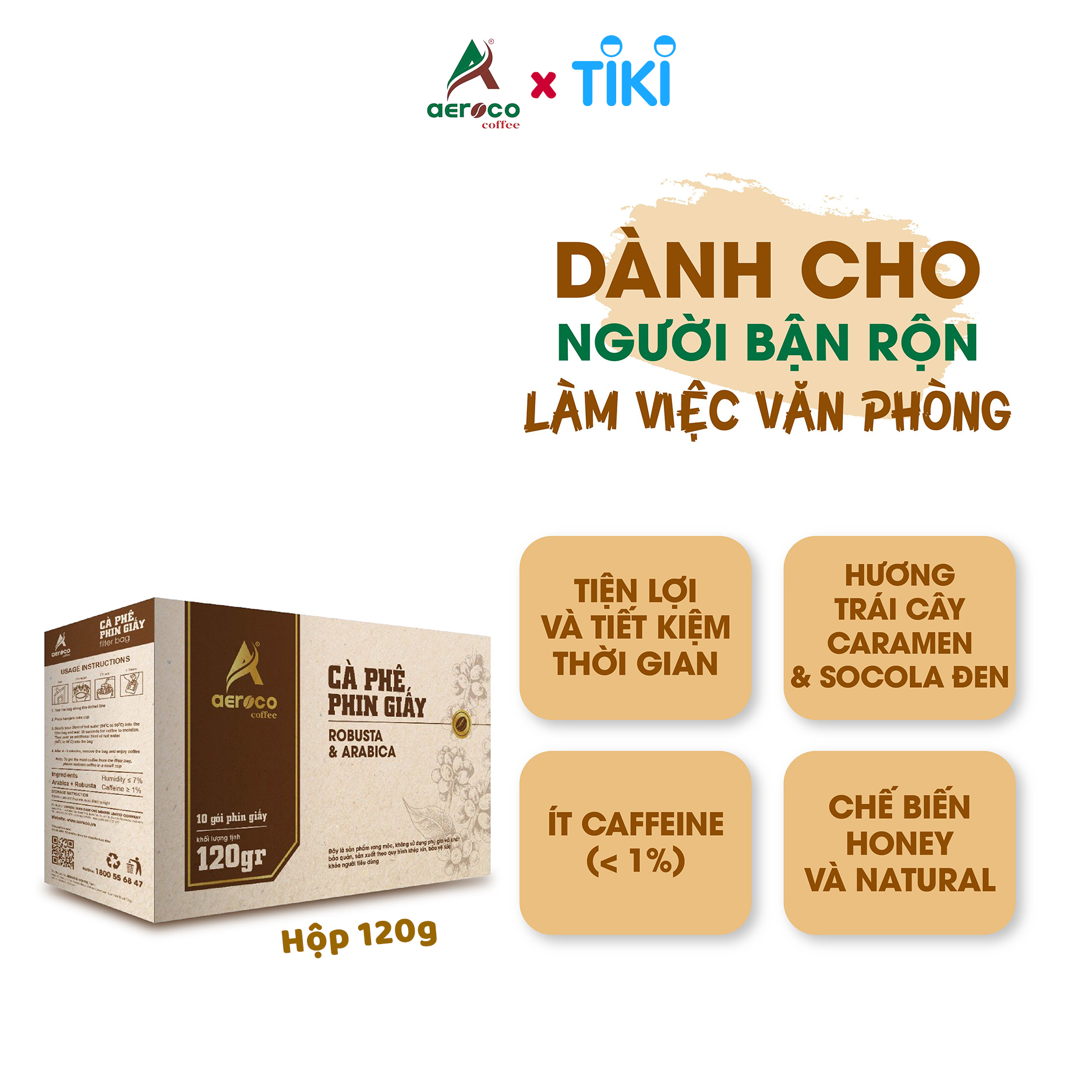 [Hộp 10 túi*12g] Cà phê phin giấy AEROCO nguyên chất 100% rang mộc hậu vị ngọt thơm quyến rũ