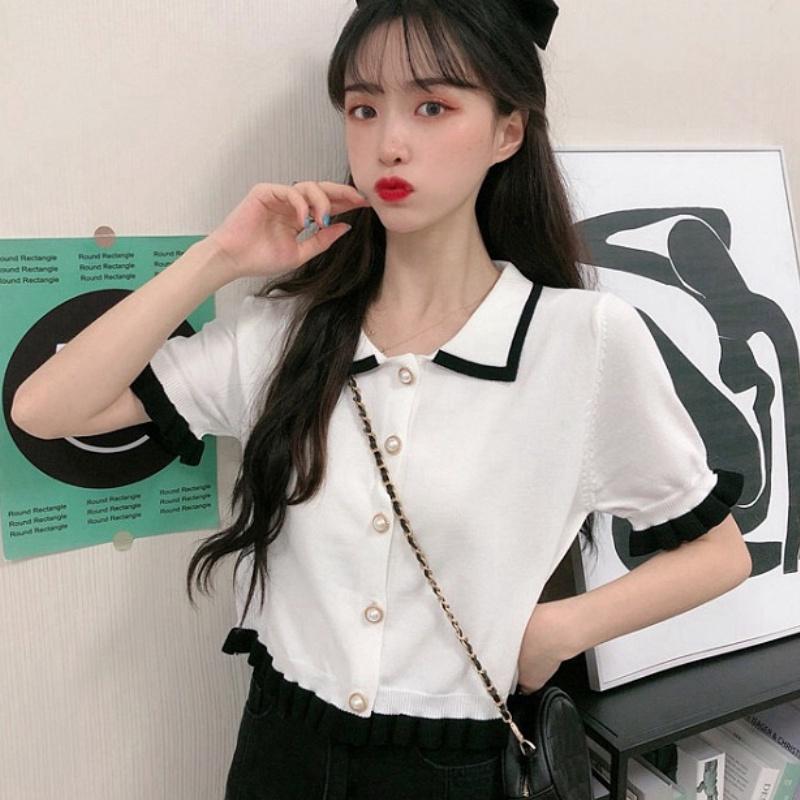 [L2M] Áo len Montoghi dệt kim BÈO BÚP BÊ cổ bẻ phối nút dễ thương