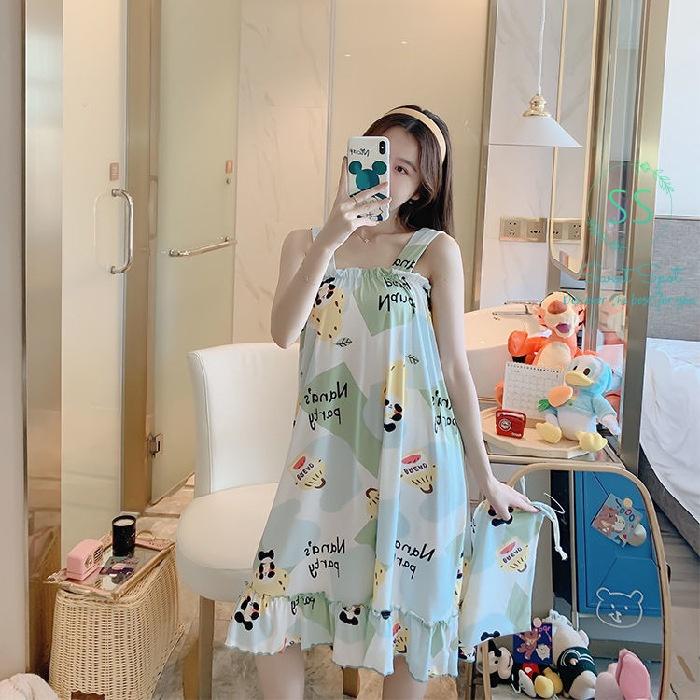 Váy ngủ hai dây, đầm ngủ thun mềm mịn, không nhăn, đầm bầu chân váy xếp ly