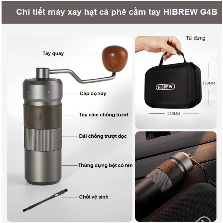Máy xay hạt cà phê cầm tay lưỡi 6 cánh core kép, 55 cấp độ và 11 level thương hiệu HiBREW G4B - Hàng Chính Hãng