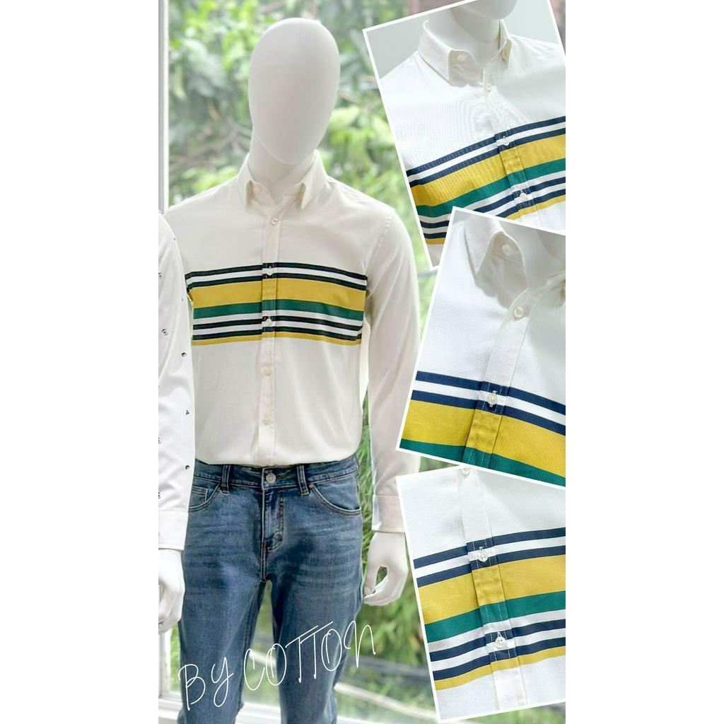 Áo Sơ Mi Nam Dài Tay Phối Sọc BY COTTON Yellow Green Stripes Oxford Shirt