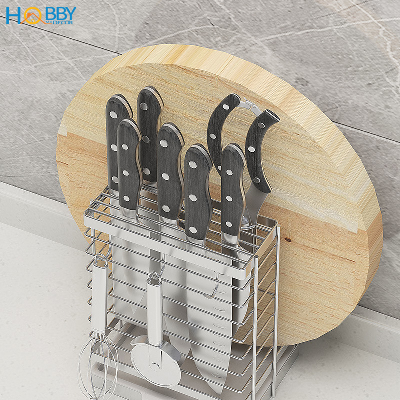 Kệ cắm dao thớt kèm 3 móc treo đồ Hobby Home Decor DD2N3 chuẩn Inox 304 không rỉ sét - kèm khay hứng nước