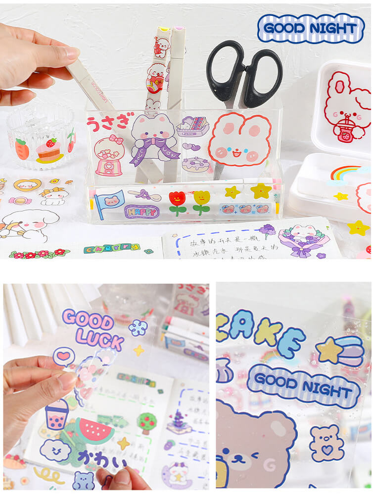 SET 6 Tờ 90 Nhãn Dán Sticker Thỏ Gấu PET Trong Suốt Cute Không Thấm Nước Trang Trí Dễ Thương