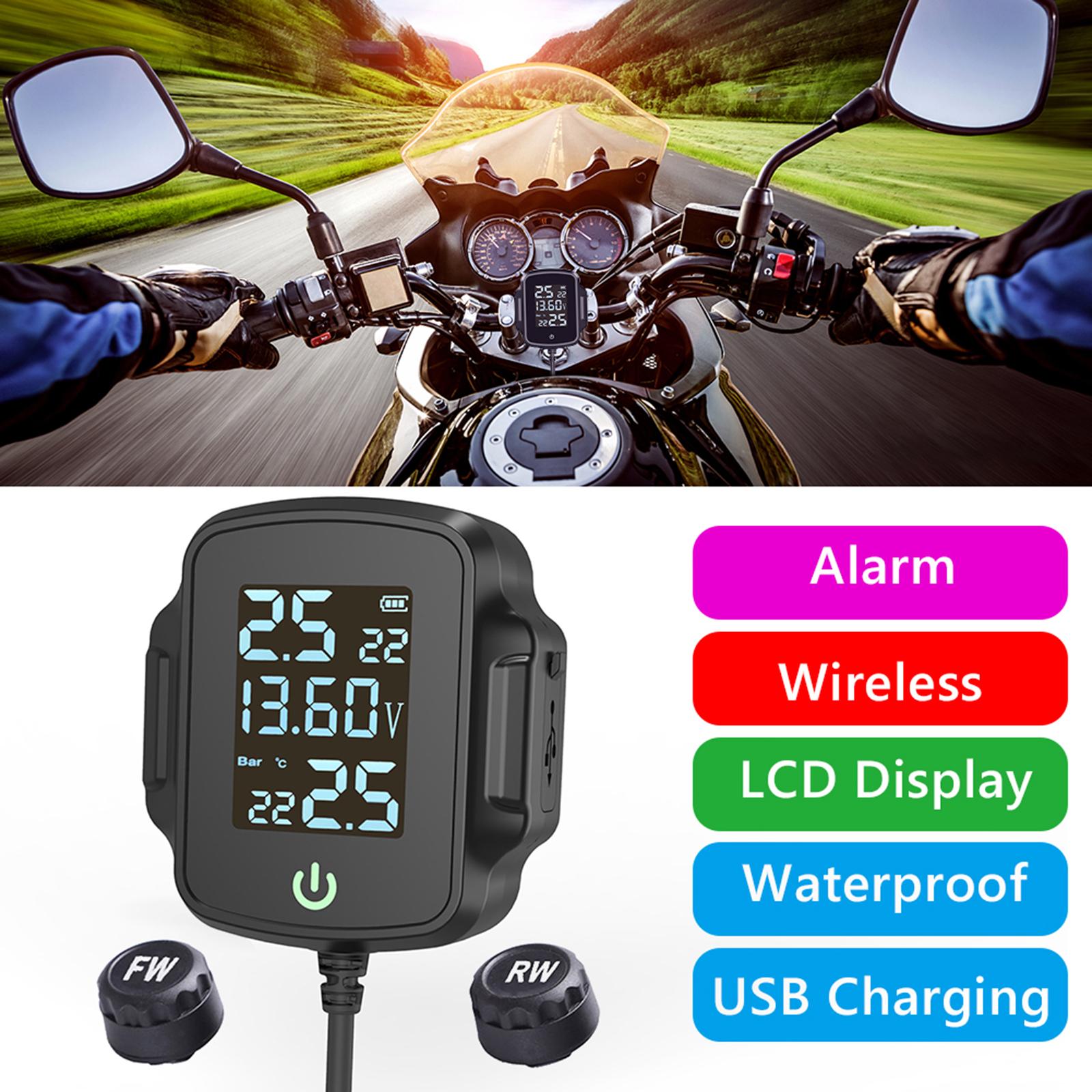 Motorcycle TPMS Tire Pressure Monitoring System Warning Gauge, Tyre Temperature Alarm System, with Voltage Detection, Dustproof