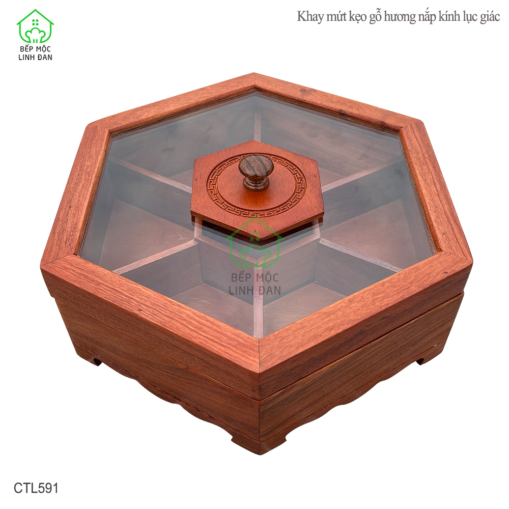 Khay gỗ Hương đựng bánh kẹo, mứt tết - Nắp kính hình lục giác, mẫu mới nhất - CTL591