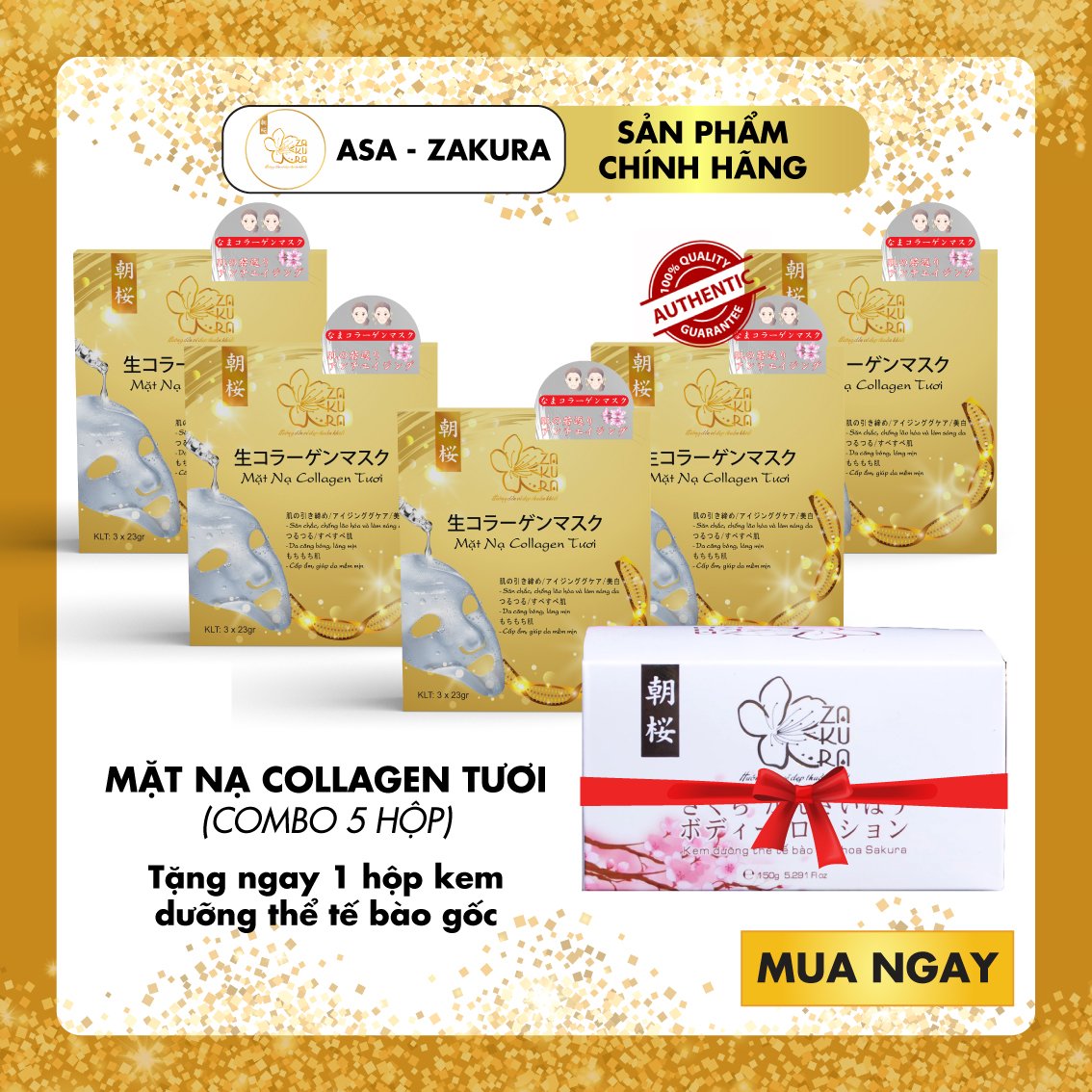 COMBO 5 HỘP MẶT NẠ COLLAGEN TƯƠI ASA ZAKURA [TẶNG 1 KEM DƯỠNG THỂ TẾ BÀO GỐC 150GR]