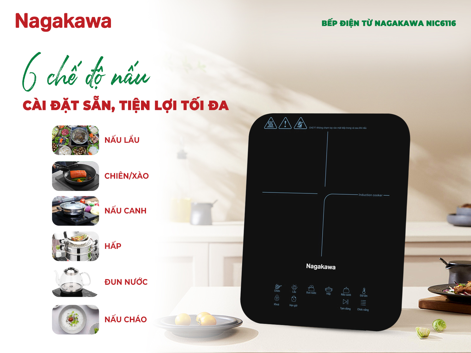 Bếp điện từ đơn Nagakawa NIC6116 2000W tặng kèm nồi inox, bảo hành 12 tháng, hàng chính hãng