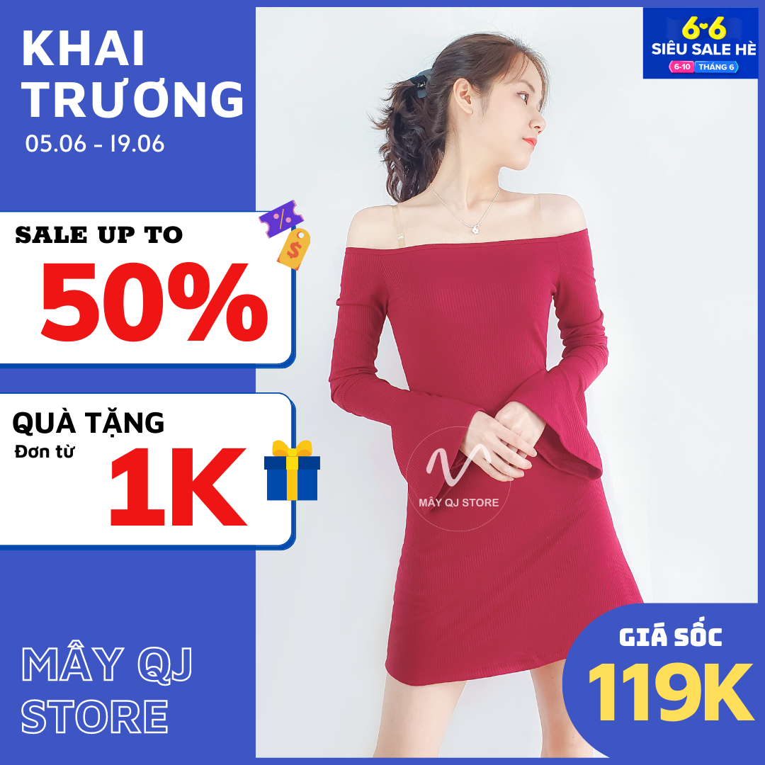 Đầm Body Trễ Vai Nữ Ôm Dáng Chữ A Tay Dài Xòe Chất Vải Thun Gân Mềm Mịn Quyến Rũ Sang Trọng Freesize <58kg