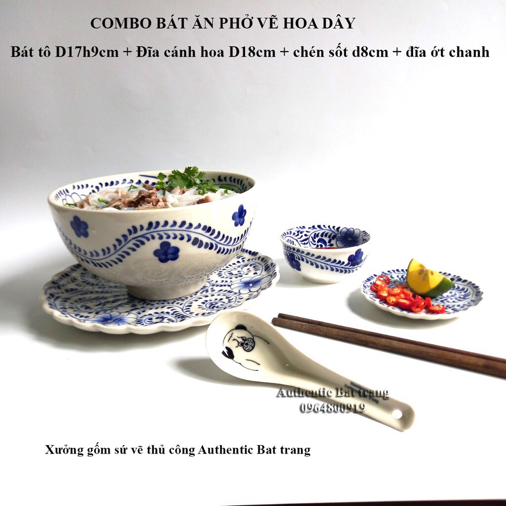 (COMBO) Bát tô sứ ăn phở vẽ tay thủ công - Tô 17H9cm + Dĩa D18cm + chén Sốt D8 + đĩa chanh ớt d9cm Authentic bat trang