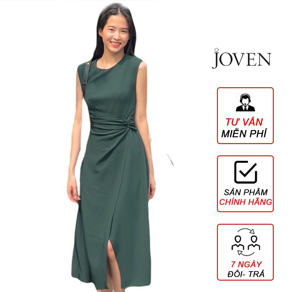 JOVEN-Đầm độn vai xanh lá/vàng/nude