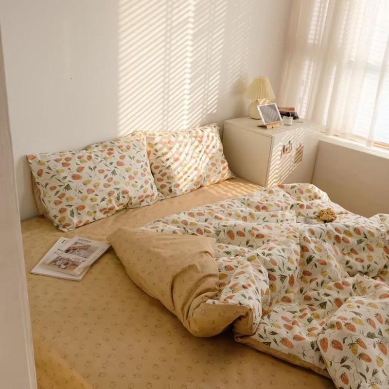 Bộ Chăn Ga Gối Cotton Living 100%cotton Cao Cấp Hàng Nhập Khẩu Nguyên Bộ 4 Món Dâu Tây Vintage