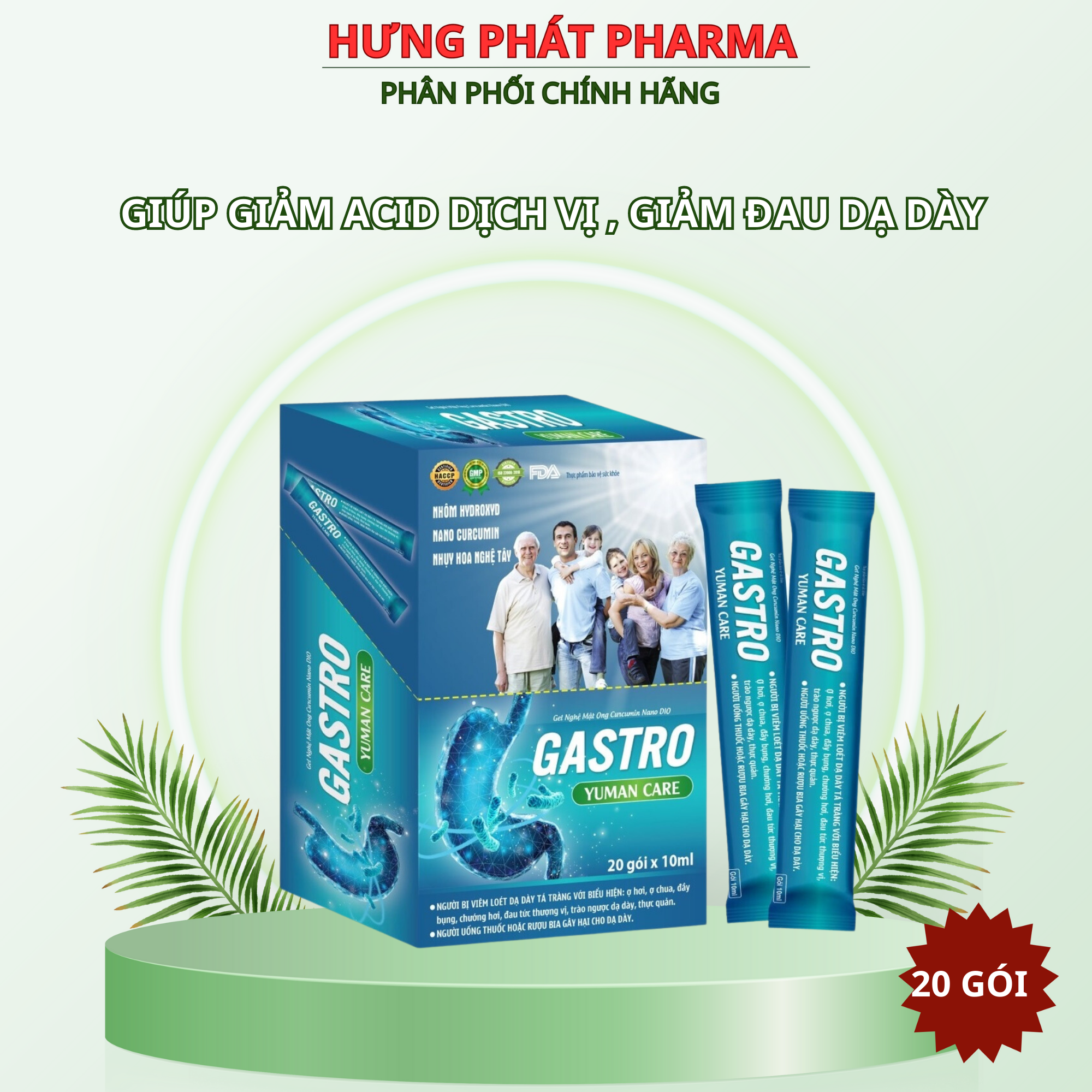 Gel nghệ mật ong curcumin nano gastro yuman care giúp giảm acid dịch vị , bảo vệ niêm mạc dạ dày – hộp 20 gói