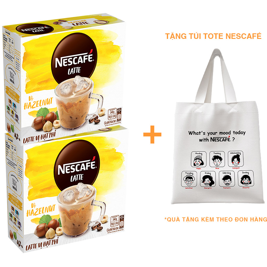 Combo 2 hộp cà phê hòa tan Nescafé Latte sữa hạt vị hạt phỉ (Hộp 10 gói x 24g) - [Tặng túi tote Nescafé - mẫu ngẫu nhiên]