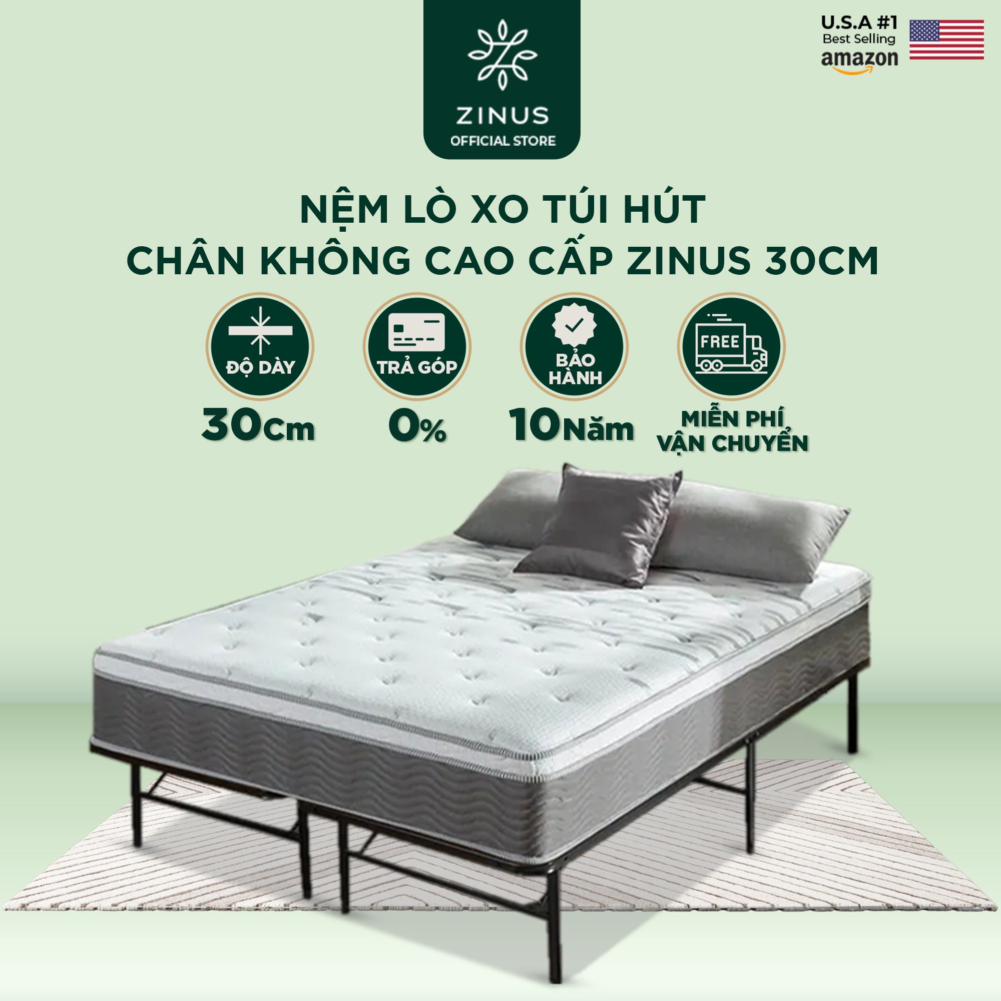 Nệm lò xo túi hút chân không cao cấp Zinus - Extra Firm Spring Mattress 30cm