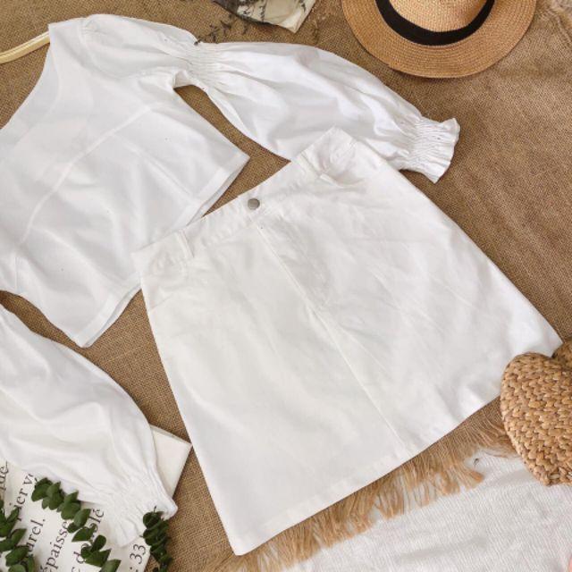 SET ÁO BẸT VAI TAY PHỒNG + CHÂN VÁY TRẮNG