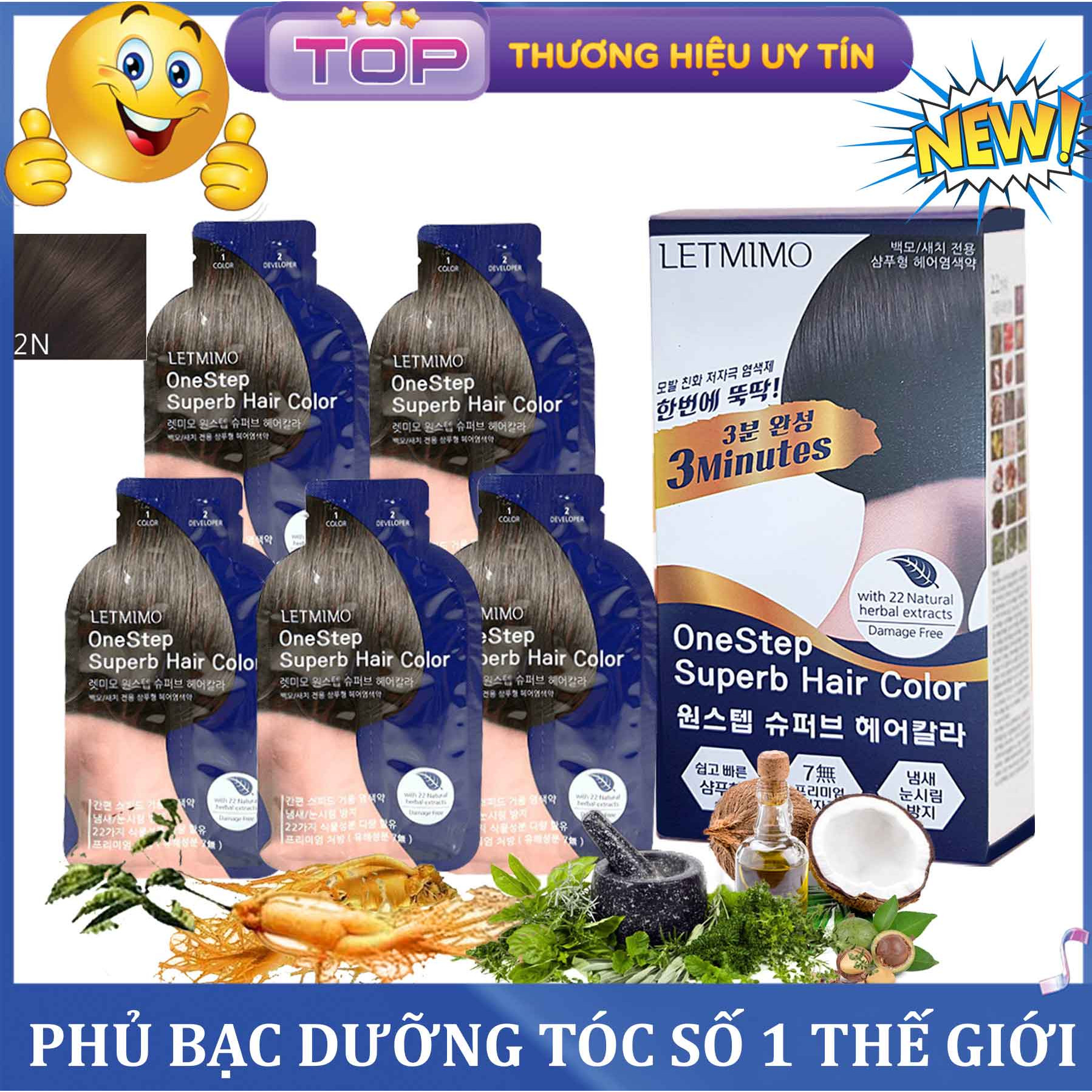 LETMIMO Thuốc Nhuộm tóc , Phủ Bạc Dưỡng tóc Thảo Mộc, 2N Màu Nâu Đen, Hộp 5 Gói, Mỗi gói 24g