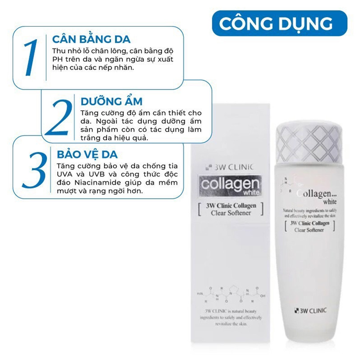 Nước hoa hồng dưỡng trắng, tái tạo da 3W Clinic Collagen White Clear Softener 150ml