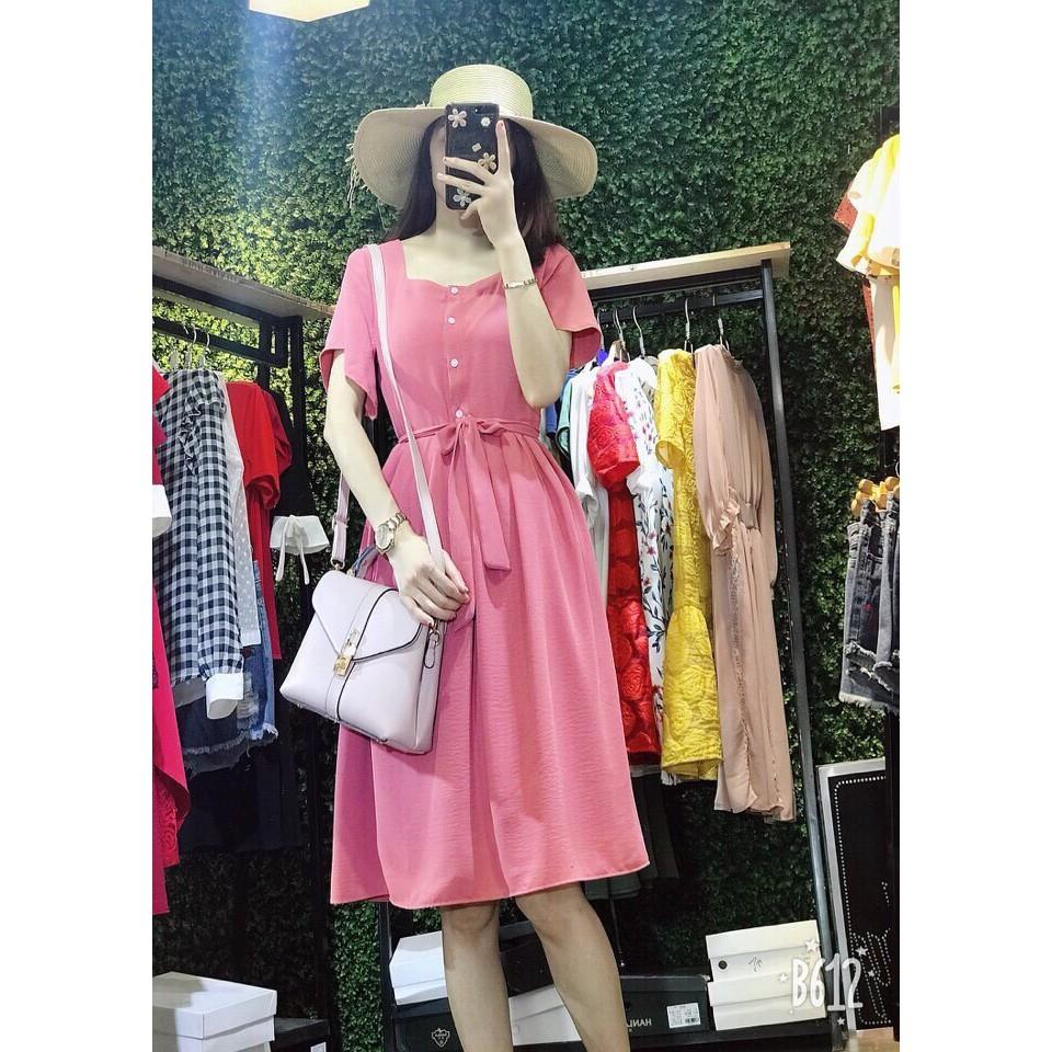 Đầm xòe cộc tay khuy trước đũi lụa nhật thời trang