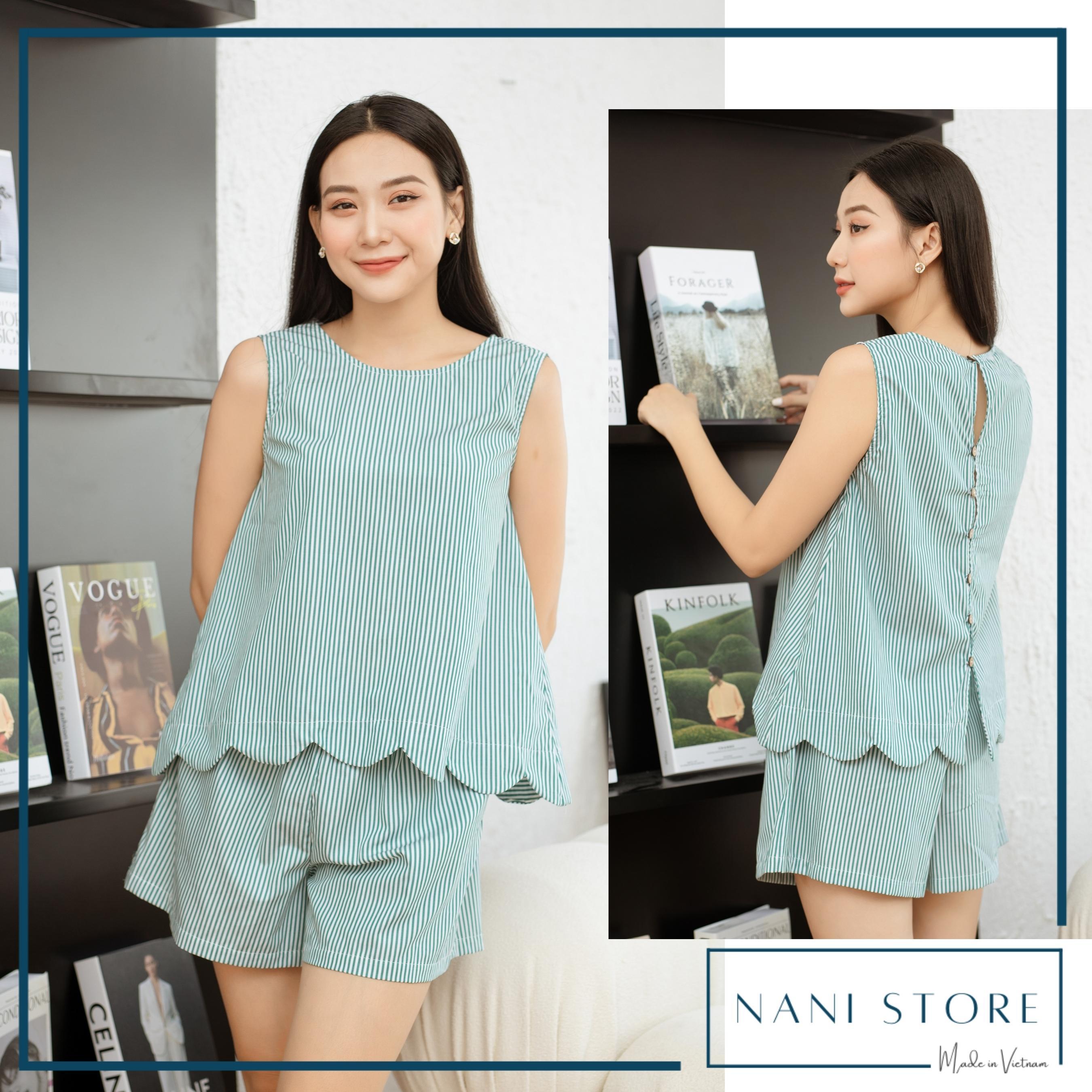 Đồ bộ đùi không tay bèo sọc xanh lá NS220904