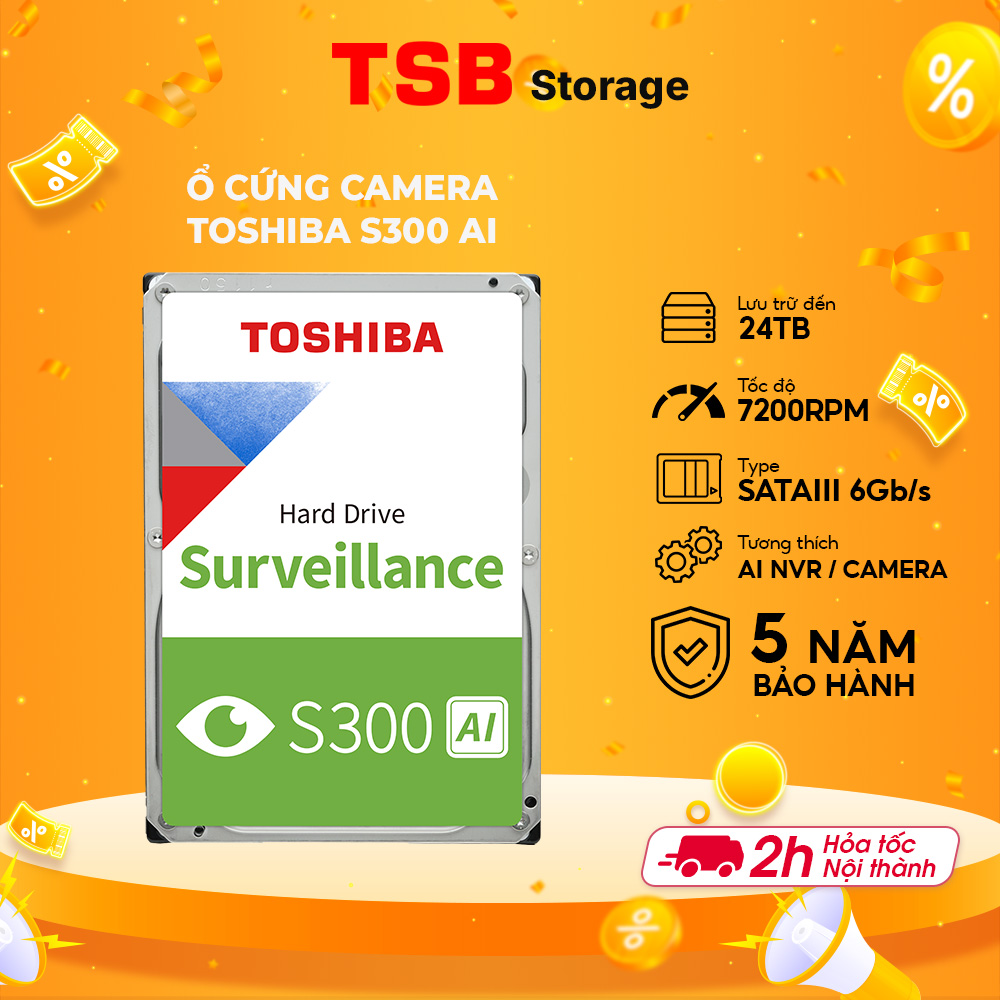 Ổ cứng đầu ghi camera HDD Toshiba 3.5" S300 AI 24x7 7200rpm SATA Hàng Chính Hãng - TSB Storage