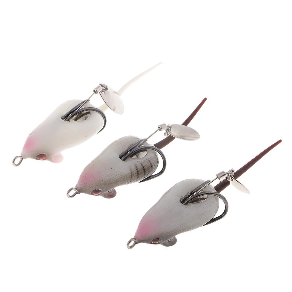 3pcs Long Tail Mouse Fishing Lures 3D Artificial Rat Lures Weedless Lures Mice Baits for Bass, Perch, Snakehead