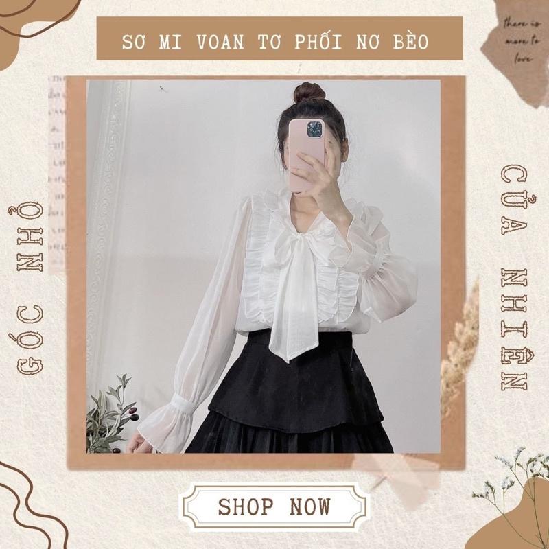 Áo Sơ Mi Nữ Voan Tơ Cổ Viền Bèo Phối Nơ Xinh