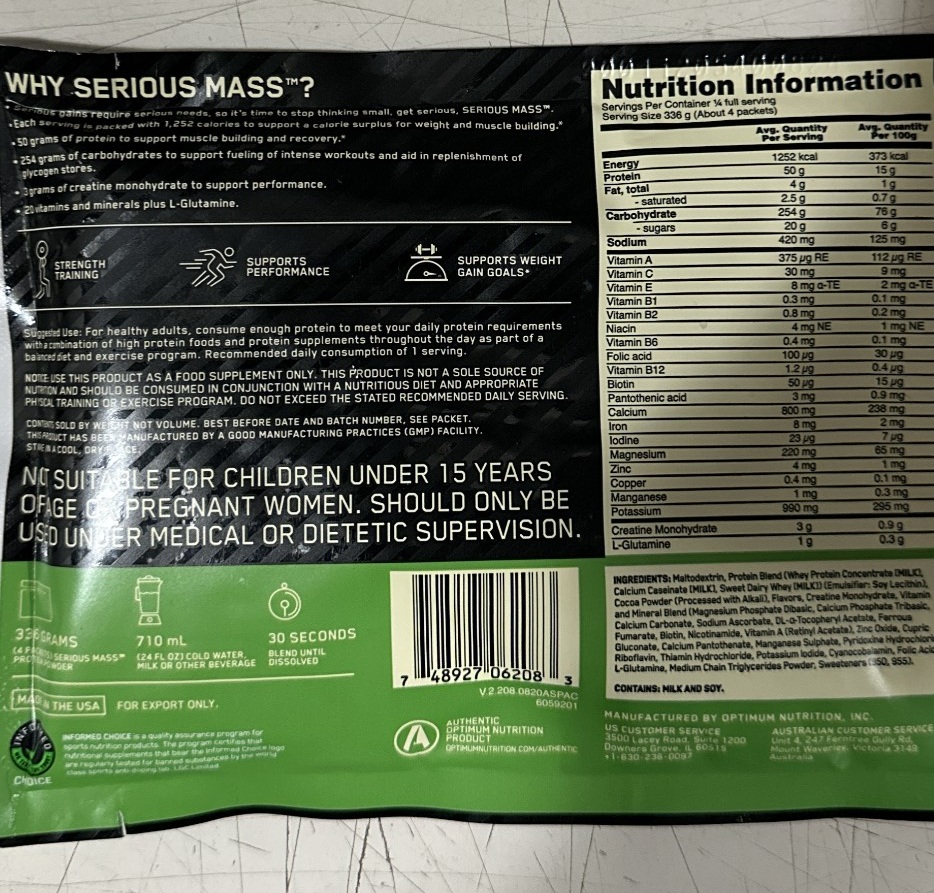 Thực phẩm bổ sung tăng cân Optimum Nutrition Serious Mass 84g Chocolate