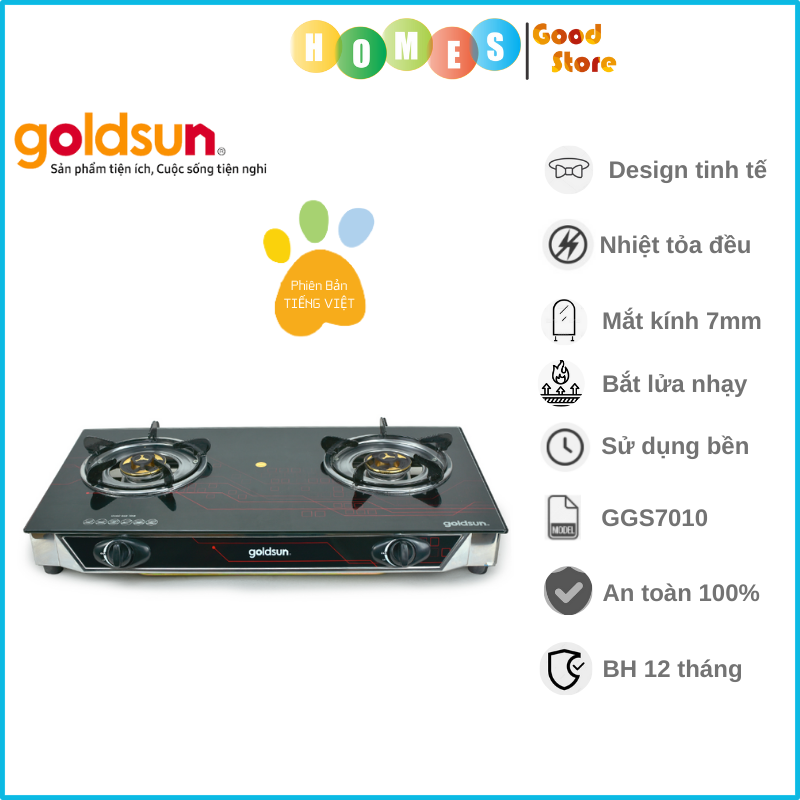 Bếp Ga Đôi Goldsun GGS7009 Mặt Kính Cường Lực, Đánh Lửa Magneto - Hàng Chính Hãng