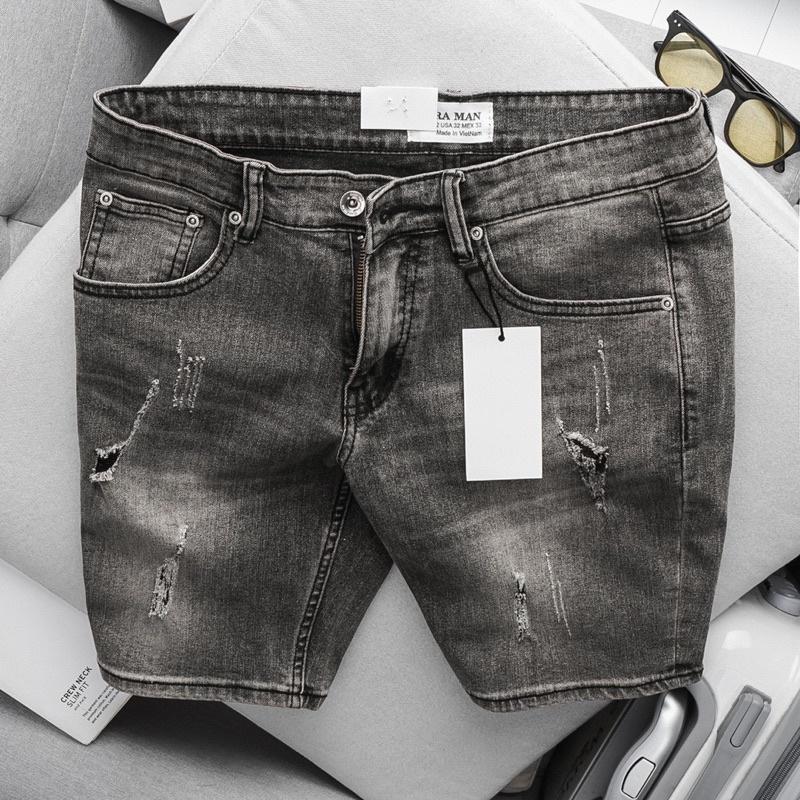 Quần short jean nam ống suông VNXK màu đen xám cotton