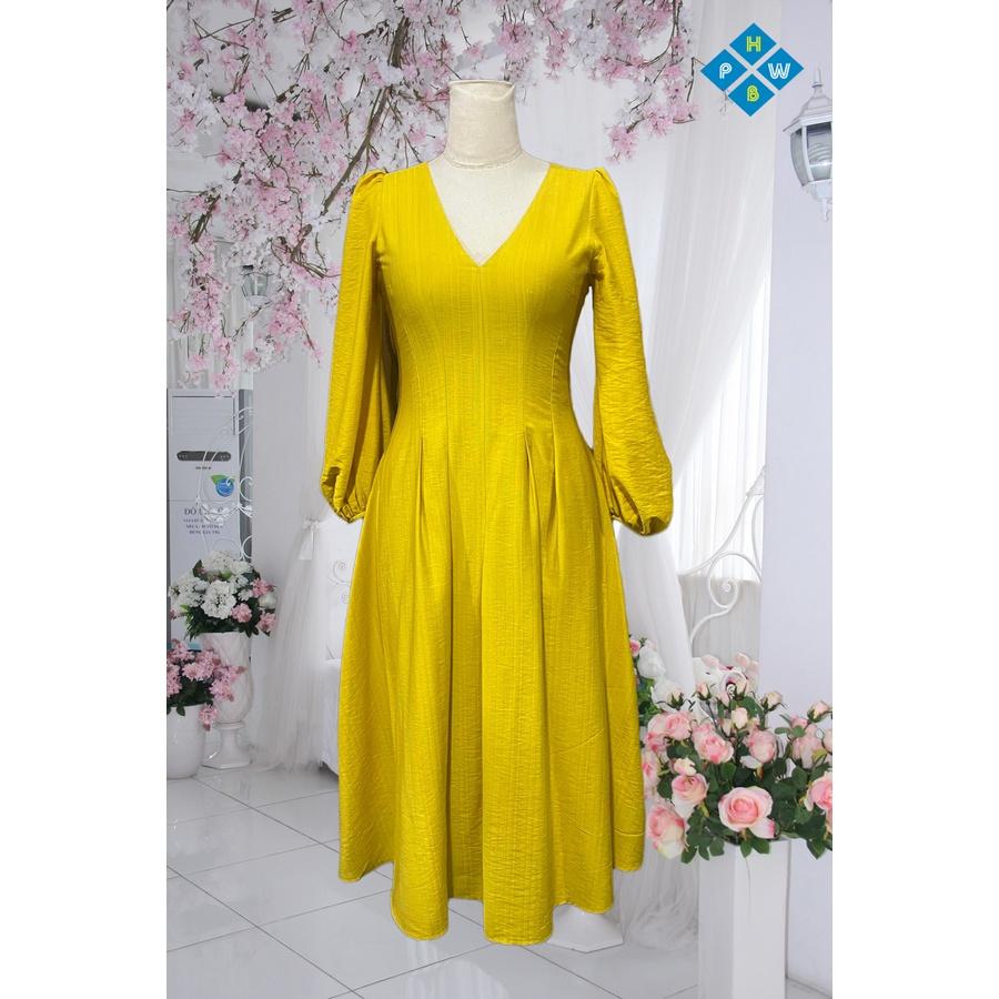 ĐẦM VÀNG CỔ TIM TAY DÀI