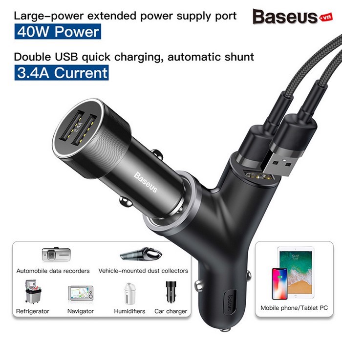 Tẩu sạc trên ô tô Baseus Y Type Car charger BSC-C16N _  Hàng chính hãng