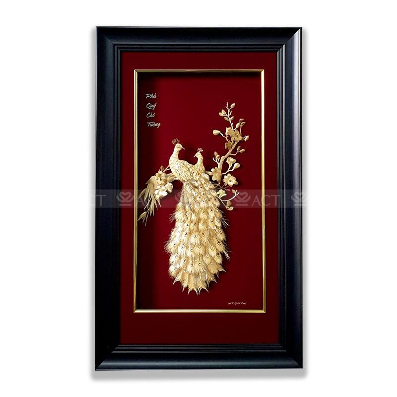 TRANH ĐÔI CHIM CÔNG VÀ HOA MỘC LAN DÁT VÀNG